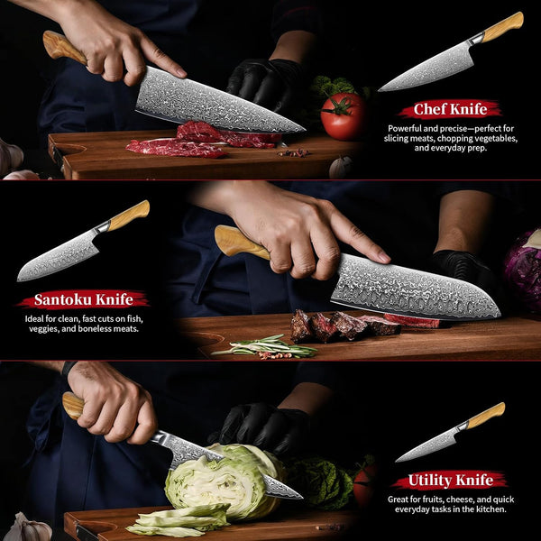 Damascus Kitchen Knife Set, 3 PCS Japanese Chef Knife Set | Japanese VG10 Steel, Honbazuke Sharpening Method, Ergonomic Olive Wood Handle, Gift Box, for Meat, Vegetables & Daily Cooking6