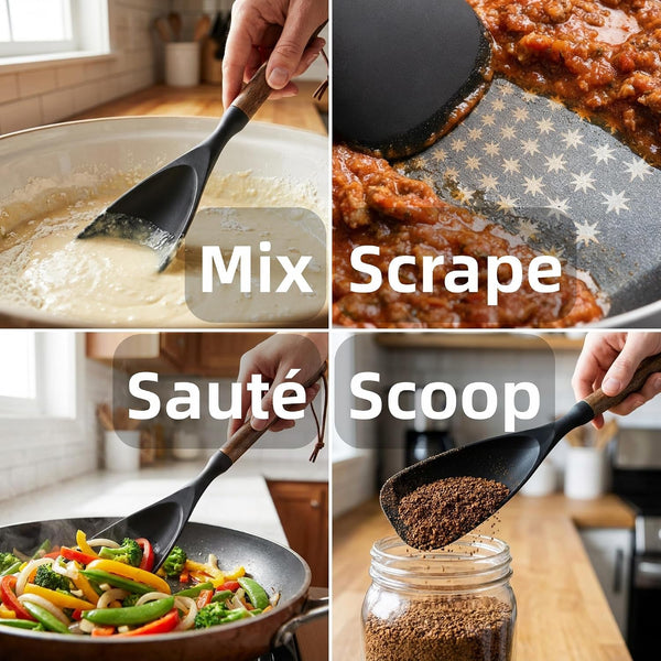 2-Pack Silicone Spoonula with Wooden Handle, Bpa-Free Spatula Spoon for Nonstick Cookware, Heat Resistant Cooking Spoon for Mixing, Scraping, Scooping and Serving(Black)5