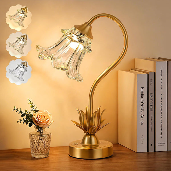 Cordless Flower Table Lamp with Glass Lampshade, 5200Mah Rechargeable Battery, 3-Color Dimmable Touch Control, Portable Desk Lamp for Nightstand, Patio, Camping, Restaurant & Home, Transparent1
