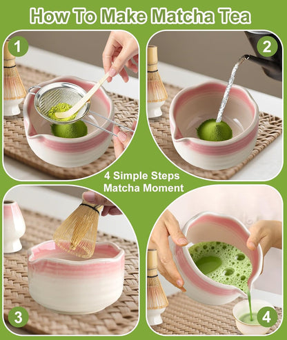 Matcha Whisk Set, 7PCS Matcha Set with Bamboo Whisk and Ceramic Bowl | Complete Matcha Kit Includes 17Oz Bowl, Handmade Whisk 100 Prongs, Holder, Spoon, Sifter for Matcha Lovers, Gradient Pink5