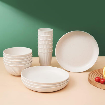 18Pcs Wheat Straw Dinnerware Sets  Unbreakable Reusable Dinnerware Set | Kitchen Cups Plates and Bowls Sets Dishwasher Microwave Safe Plates6