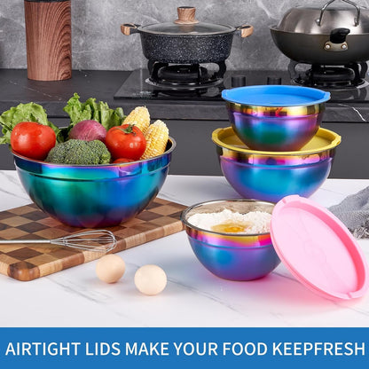 Rainbow Mixing Bowls with Airtight Lids,Stainless Steel Bowl,Salad Bowls 4 Piece Colorful Nesting Bowl Rainbow Kitchen Accessories,Size 5.5,3.6,2.1,1.5 QT Stackable Design6