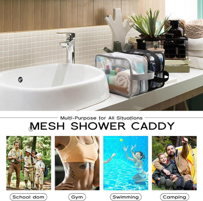 3 Pack Mesh Shower Caddy for Women Men Travel Toiletry Bags Portable Gym Mesh Toiletry Caddy Hanging Cosmetic Organizer Waterproof Travel Bags College Dorm Camping Essentials(Black Gray Blue)7