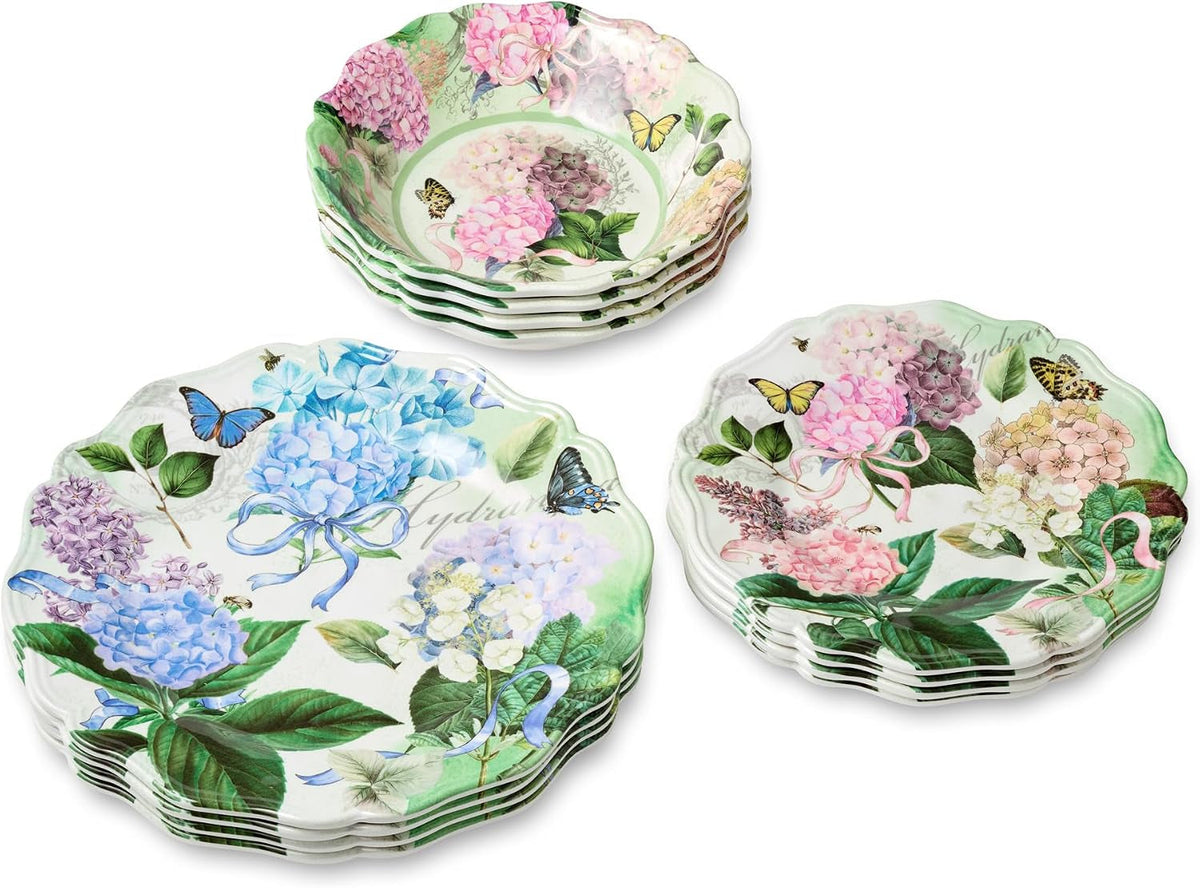 garden-path-melamine-12-piece-dinnerware-set-hydrangea-design-service-for-4-with-dinner-plates-salad-plates-and-bowls-durable-lightweight-and-dishwasher-safe