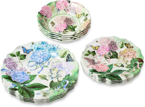Garden Path Melamine 12-Piece Dinnerware Set - Hydrangea Design, Service for 4 with Dinner Plates, Salad Plates, and Bowls - Durable, Lightweight, and Dishwasher-Safe3