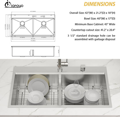 42 Inch 42X22 Drop in Sink Double BOWL 50/50 Kitchen Sink6