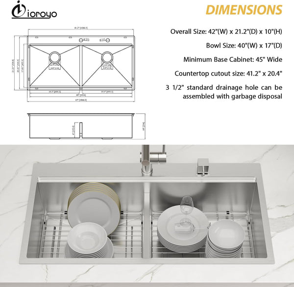 42 Inch 42X22 Drop in Sink Double BOWL 50/50 Kitchen Sink6
