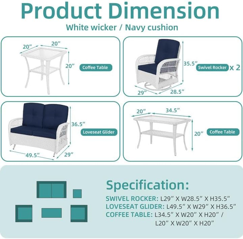 5-pieces-outdoor-patio-rattan-furniture-sets-all-weather-patio-wicker-conversation-set-2-rocking-swivel-chairs-1-rattan-loveseat-glider-with-cushions-2-coffee-table-white-wicker-navy