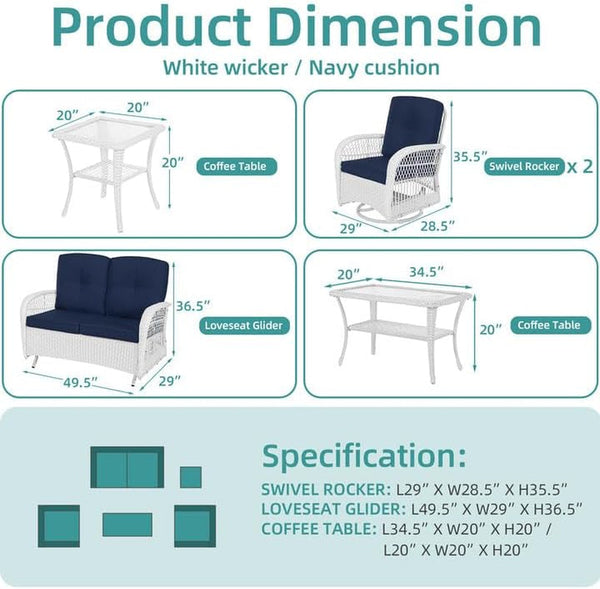 5 Pieces Outdoor Patio Rattan Furniture Sets, All Weather Patio Wicker Conversation Set - 2 Rocking Swivel Chairs 1 Rattan Loveseat Glider with Cushions, 2 Coffee Table, White Wicker/Navy2
