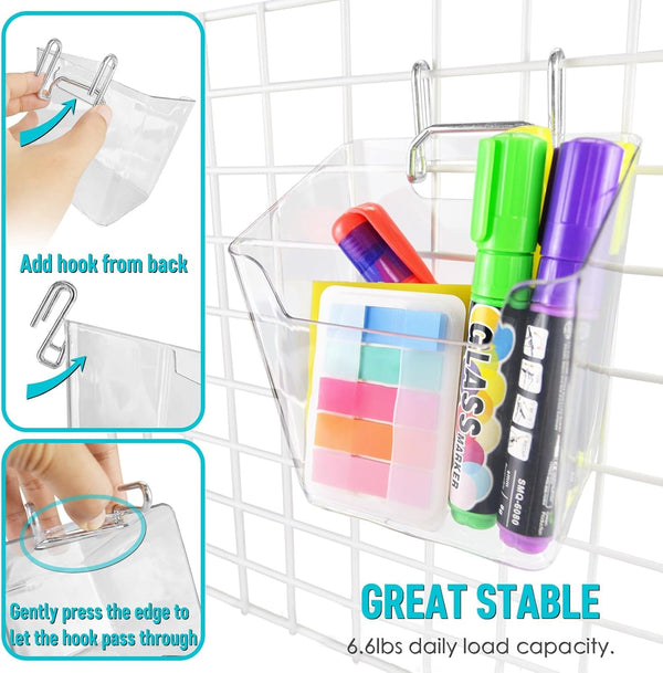 6Pack Clear Grid Wall Bins Hanging Cups with Back Hook, Gridwall Shelf Bins5