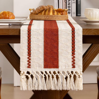Terracotta & Ivory Woven Table Runner with Tassels 11"×90"2