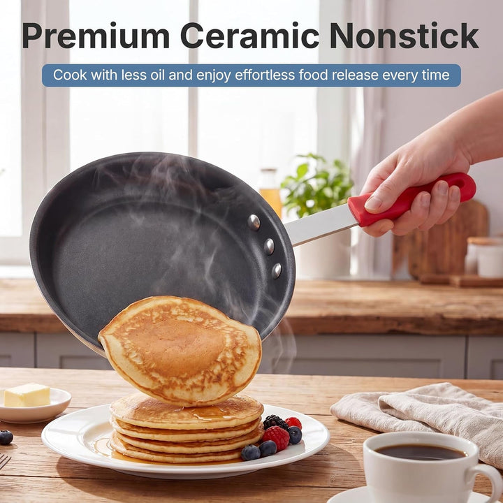8 Inch Nonstick Frying Pan, Heavy-Gauge Aluminum Skillet with Ceramic Nonstick Coating, Stainless Steel Base & Handle, Omelet Pan for Induction, Electric, Gas, PFAS Free, Oven Safe, Red Handle+2