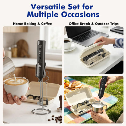 Rechargeable Milk Frother with Stand, 4 Interchangeable Whisks & Travel Case – Handheld Mixer for Lattes, Matcha, Hot Chocolate, Eggs & Protein Shakes6