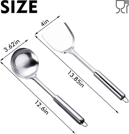 Cooking Utensils Set 2PCS 304 Stainless Steel Spatula and Large Cooking Spoon, Heavy Duty Metal Soup Ladle Long Handle Wok Spatula3