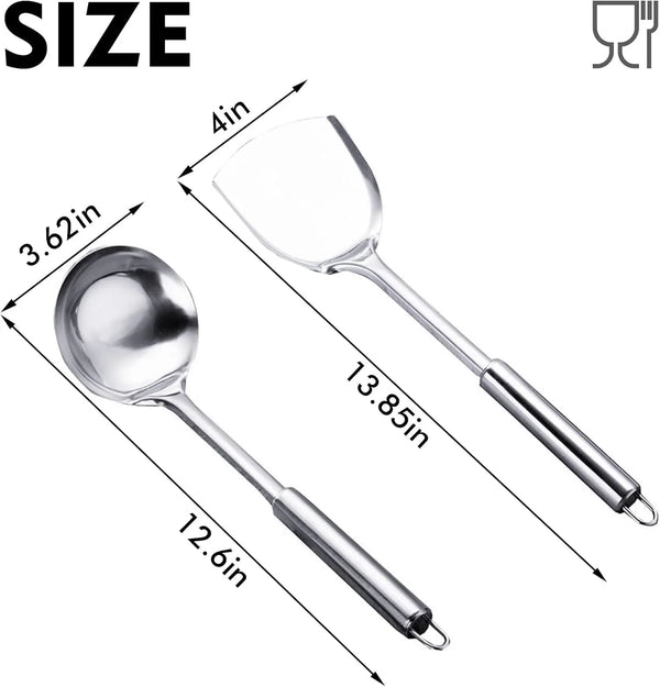 Cooking Utensils Set 2PCS 304 Stainless Steel Spatula and Large Cooking Spoon, Heavy Duty Metal Soup Ladle Long Handle Wok Spatula3
