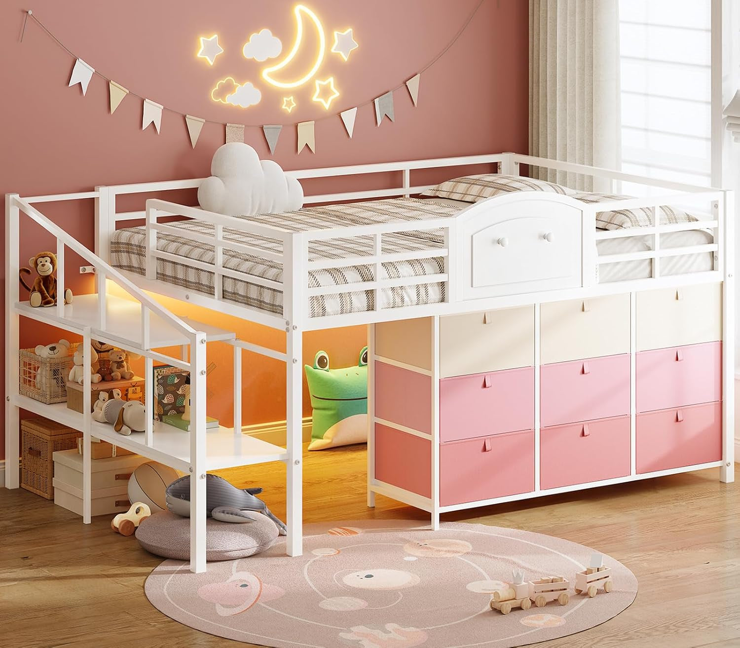 low-loft-bed-full-size-with-9-storage-drawers-and-led-lights-metal-full-size-loft-bed-with-stairway-shelf-storage-low-loft-bed-with-safety-guardrail-and-under-bed-hideaway-for-kids-white