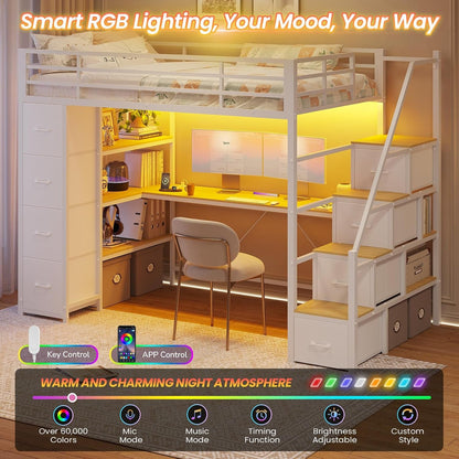 Loft Bed Twin Size with Storage Stairs,Desk and Charging Station,Metal Twin Loft Bed with LED Lights,8 Storage Drawers,3-Tier Shelves,Loft Beds for Kids,Teens,Adults with Safety Guardrail,White3