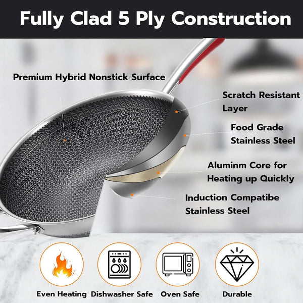 12.6-Inch Stainless Steel Wok Pan with Glass Lid - Tri-Ply Nonstick Wok & Stir-Fry Pan, PFOA Free Uncoated Cookware for All Cooktops, Induction Compatible, Flat Bottom5