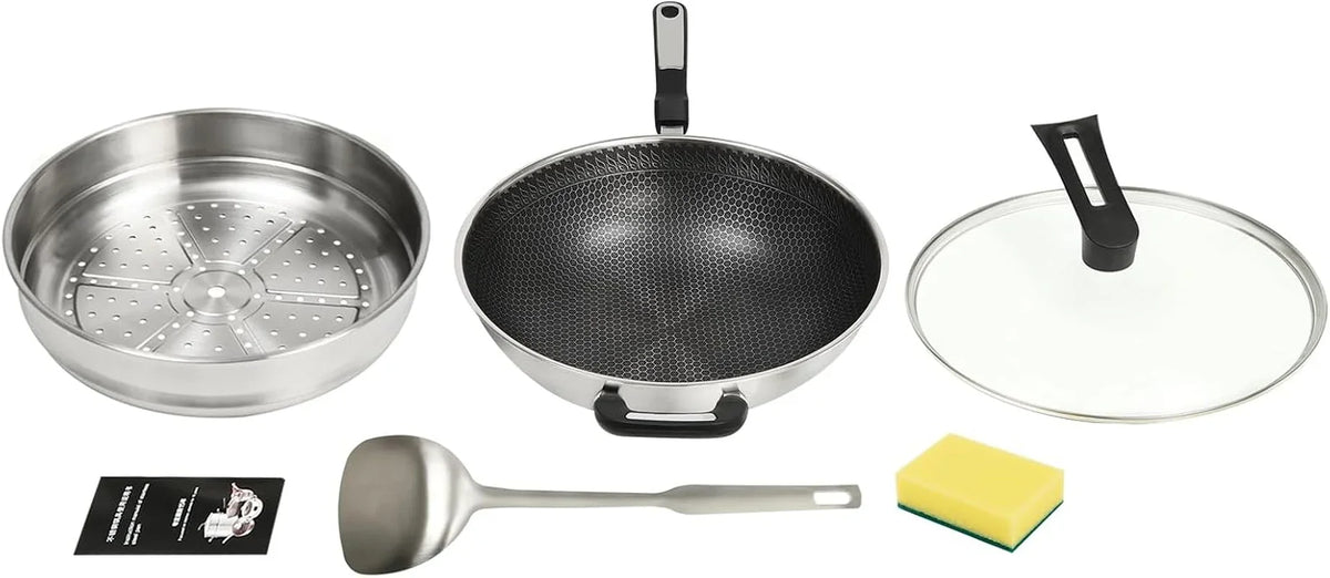stainless-steel-wok-pan-stir-fry-wok-non-stick-frying-pan-honeycomb-skillet-with-handle-lid-for-gas-stove-induction-cooker-ceramic-stove-silver-black-13in-with-steamer-basket
