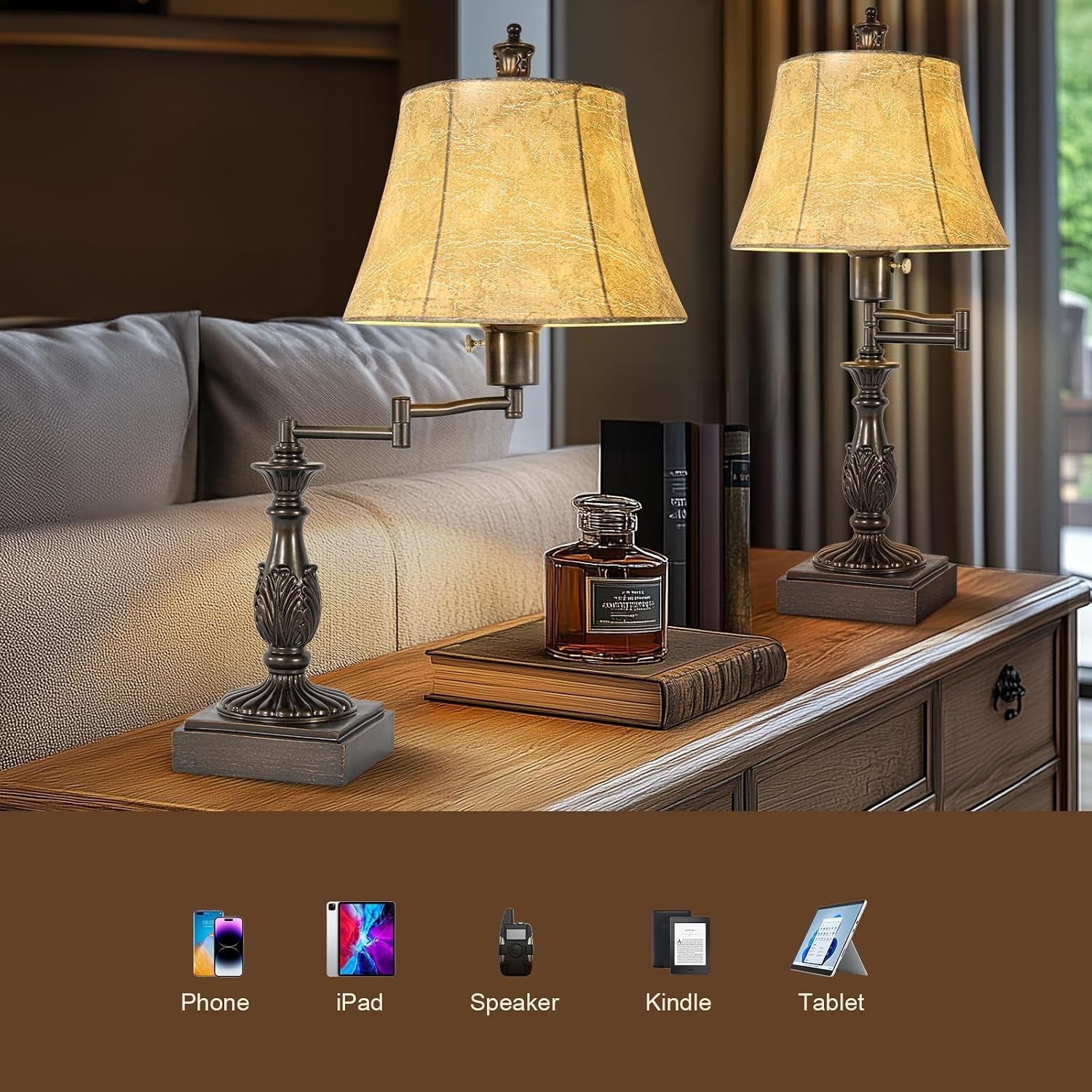 swing-arm-table-lamp-set-of-2-with-usb-ports-for-living-room-traditional-350-adjustable-arm-23-5-tall-nightstand-lamp-brown-finish-faux-leather-shade-decor-for-bedroom-office