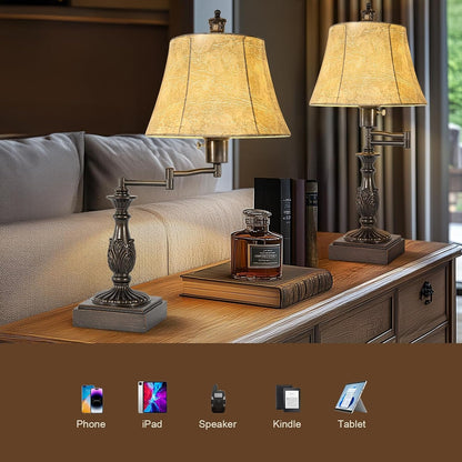 Swing Arm Table Lamp Set of 2 with USB Ports for Living Room | Traditional 350° Adjustable Arm, 23.5" Tall Nightstand Lamp, Brown Finish & Faux Leather Shade, Decor for Bedroom Office3