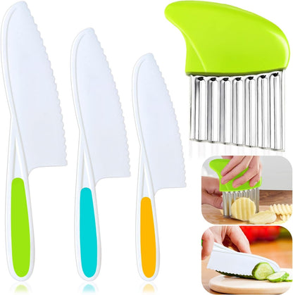 4 Pcs Kids Knife Set, Kids Kitchen Knife with Crinkle Cutter, Serrated Edges Plastic Toddler Chef Knife for Real Cooking & Cutting Fruit Bread1