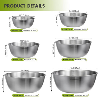 Stainless Steel Mixing Bowls Set of 6, Nesting Bowls with Measurement Markings, 7.6 to 0.8 Qt for Baking, Prepping, Cooking and Serving Food, Large Metal Kitchen Bowls Dishwasher Safe2