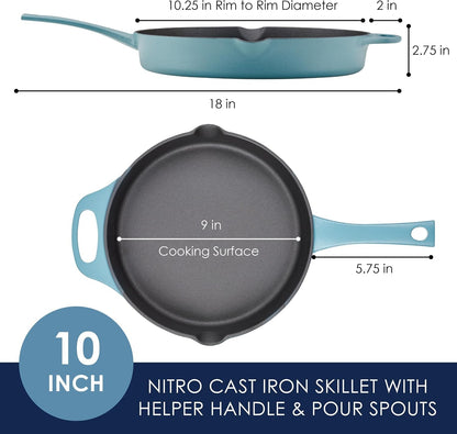 NITRO Cast Iron Fryin Pan/Skillet with Helper Handle and Pour Spouts, 12 Inch - Agave Blue2