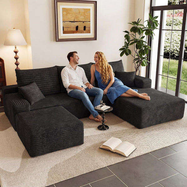 95" U-Shape Cloud Couch, Modern Modular Sectional L-Shape Sofa with Ottoman, Corduroy Upholstered Couches Deep Seat Sleeper Chaise Longue for Living Room, No Assembly Required(Black, Right Facing)1