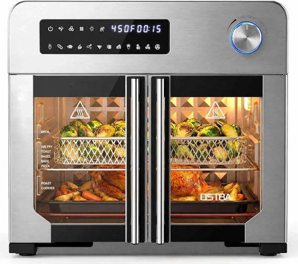 French Door Air Fryer Toaster Oven Combo, 24QT 10-In-1 Oven | 1700W Heating, Adjustable Fan Speed, Rotisserie Function, 102-Recipe Book, Removable Crumb Tray, Stainless Steel Finish1