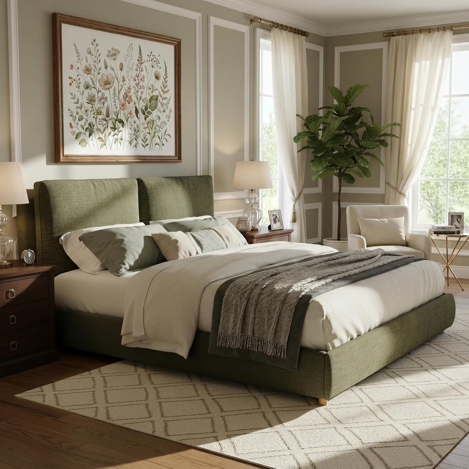 california-king-linen-blend-platform-bed-with-2-pillows-olive-green