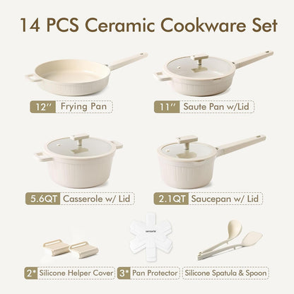 14Pcs Pots and Pans Set Non Stick, Ceramic Cookware Set Non Toxic | PFAS/PTFE Free, Induction Cookware, Even Heating, Durable, Dishwasher Safe, Healthy Kitchen Cooking Set, Stay-Cool Handles5