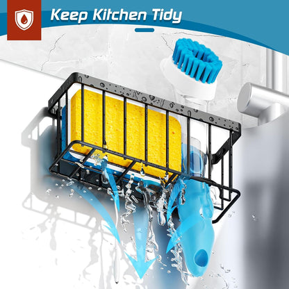 Sponge Holder for Kitchen Sink,Sink Caddy Organizer with Suction Cups/Adhesive Strips,Dish Sponge Holder Design for Sponges,Scrubber,Stoppers-Black4