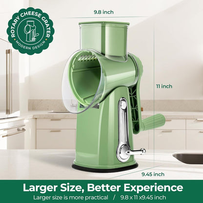 Rotary Cheese Grater 5 Blades,Kitchen Mandoline Vegetable Slicer | Easy to Clean,Strong Suction Base,Blades Storage Box,Round Mandoline Slicer&Food Chopper for Vegetable,Salad,Nut,Retro Green7