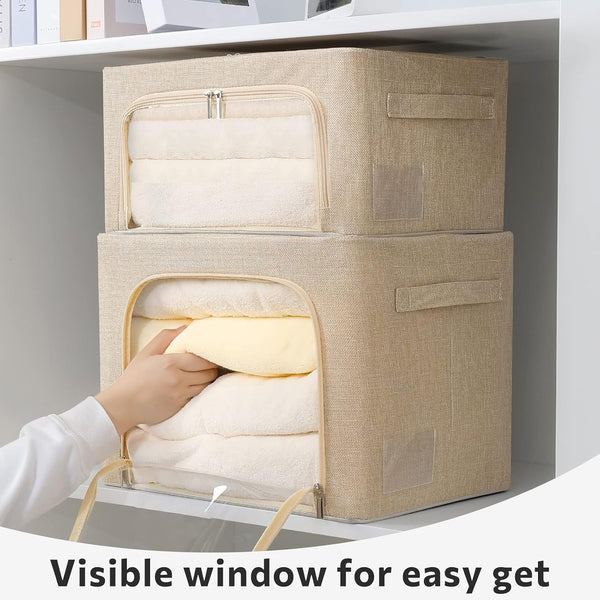 2 Pack Clear Window Storage Bins Foldable Fabric Storage Bins Boxes for Clothes Stackable Box Organizer Set with Carrying Handles (Beige, 22L,15.7X 11.8X 7.8 Inch)6