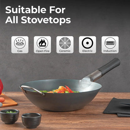 Carbon Steel Wok 1 Pack of 13.3 Inch Heavy-Duty Uniform Heat Distribution Pan Induction Compatible Flat Bottom Wok Welded Handle Black for Gas Stovetops and Grills3