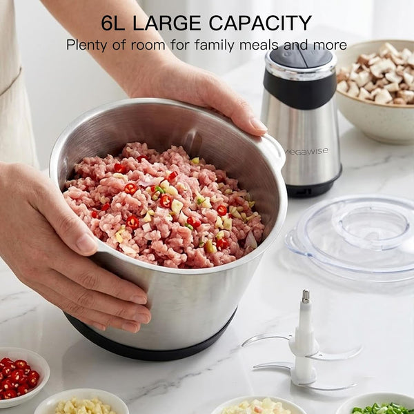 Electric Food Processor, 1000W Meat Grinder & Vegetable Chopper with 6L 304# Stainless Steel Bowl, Dual-Speed Food Chopper for Meat, Vegetables, Fruits, Nuts, and Baby Food6