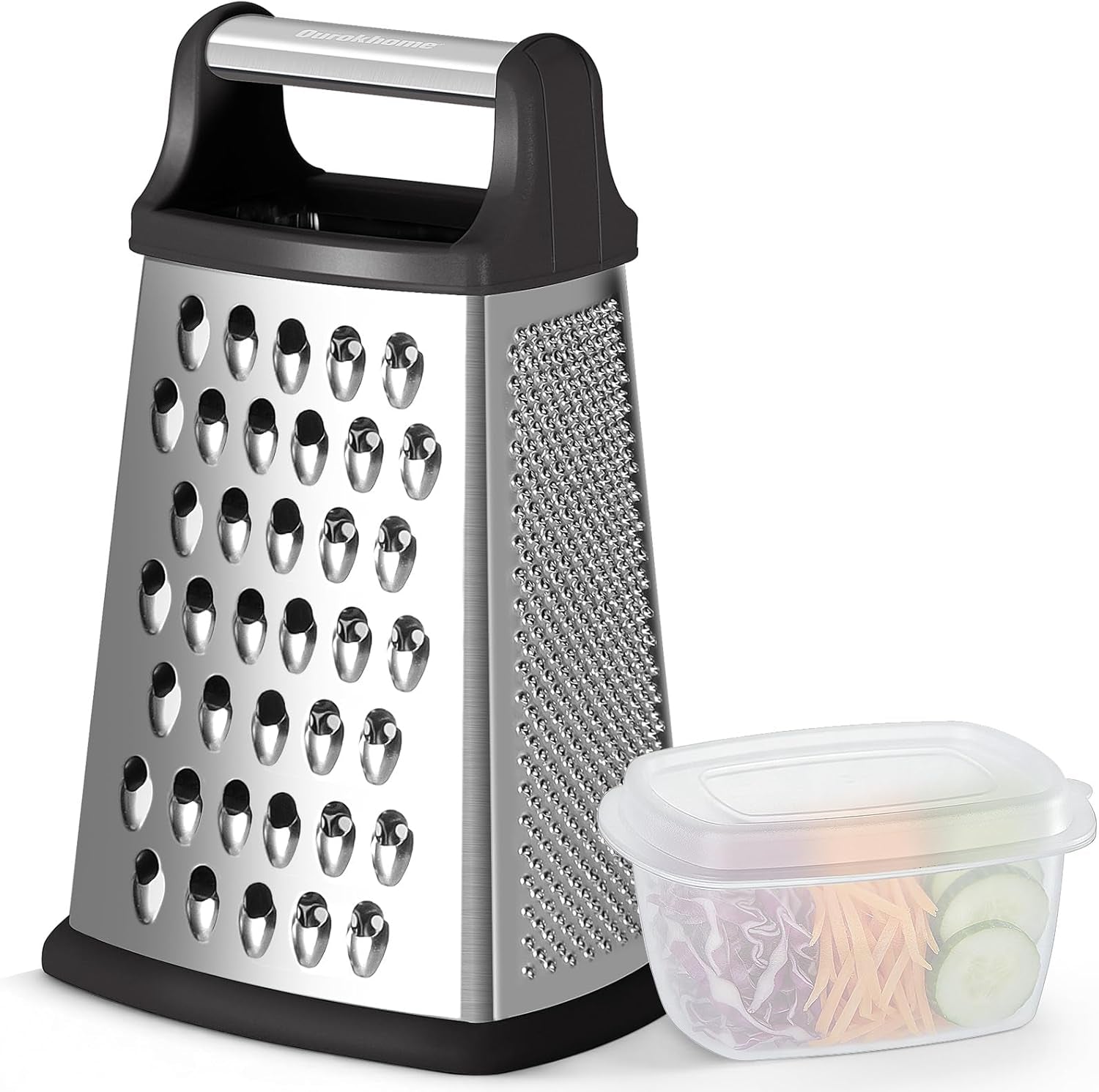 cheese-grater-handheld-box-grater-with-container-lid-4-sided-stainless-steel-for-kitchen-wavy-julienne-slicer-coarse-shred-fine-zester-non-slip-base-dishwasher-safe-8-inch