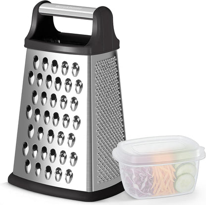 Cheese Grater, Handheld Box Grater with Container & Lid, 4-Sided Stainless Steel for Kitchen, Wavy Julienne, Slicer, Coarse Shred & Fine Zester, Non-Slip Base, Dishwasher Safe, 8 Inch1