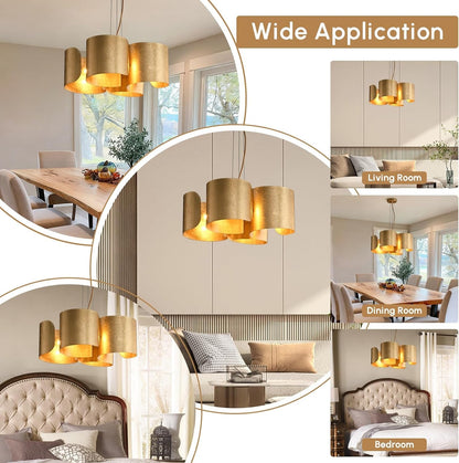 Gold Drum Chandelier 4-Light Glam Lighting Fixture, Unique Scrolled Shape Pendant Light Adjustable Hanging Dining Room Light Fixture4