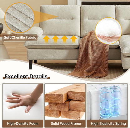 86'' Chenille Sofa with Large Storage Ottoman, Modern Living Room Sofa with Removable Washable Cushion, 3 Seater Comfy Couch for Apartment, Bedroom, Office (Beige)3