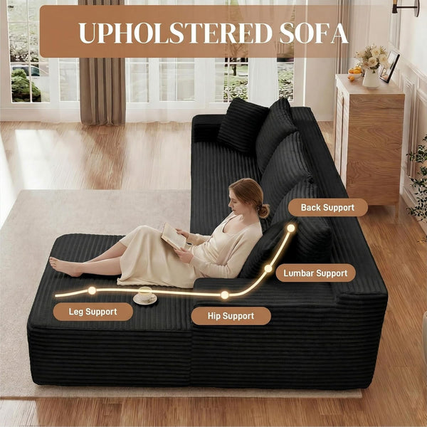 95" L Shaped Cloud Boneless Sectional Couches for Living Room, Modern Comfy Modular Deep Seat Memory Foam Compressed Corduroy Sofa Oversized Right Facing Chaise, No Assembly Required, Balck4