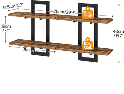 Floating Shelves for Wall, 15" Wall Shelf Set of 2, Wall Mounted Storage Shelves 2-Tier, Hanging Bathroom Shelves, for Living Room, Bedroom, Bathroom, Kitchen, Rustic Brown and Black BF32BJ01G12
