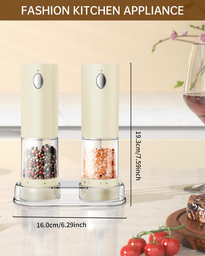 Electric Salt and Pepper Grinder Set Rechargeable Salt and Pepper Mills with Storage Base, Adjustable Coarseness and LED White Light, Washable 95Ml Container, Light Yellow7