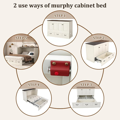 Full Murphy Bed with Storage Drawers, Farmhouse Folding Bed Chest with Charging Station, Hideaway Beds with Foldable Panel for Guest Bedroom, Living Room, Office, Distressed White6