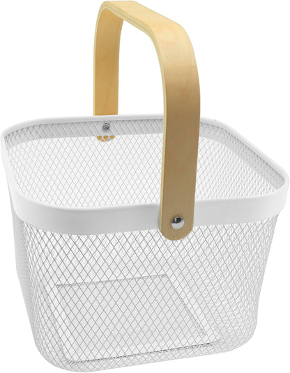 OGGI Regular Mesh Portable Bathroom Basket Caddy with Bamboo Handles, Metal Storage Basket for Bathroom, Shower, Vanity, Pantry & Home Organization, White1