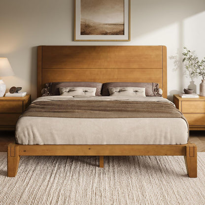 Solid Wood Queen Bed Frame with Headboard, Japanese Joinery, Brown1