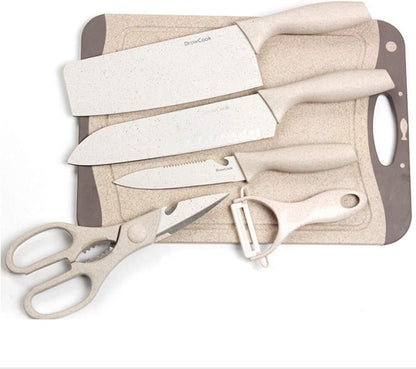 Cutlery Baby Food Scissors Stainless Steel Chef Kitchen Knife Set Five Pieces Nakiri,Steak,Santoku,Serrated, Paring Knife Set with Kitchen Shears Peeler for Vegetable Fruit Potato Ceramics (Beige)3