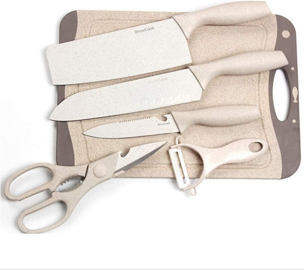 Cutlery Baby Food Scissors Stainless Steel Chef Kitchen Knife Set Five Pieces Nakiri,Steak,Santoku,Serrated, Paring Knife Set with Kitchen Shears Peeler for Vegetable Fruit Potato Ceramics (Beige)3
