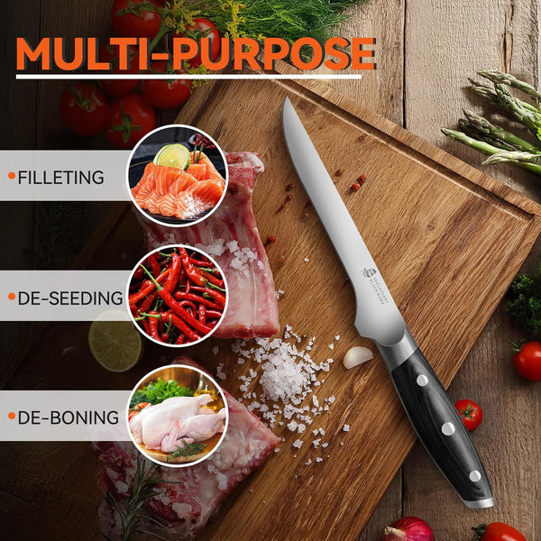 Boning Knife, 6 Inch Fillet Knife for Trimming Fat from Meat, Deer Skinning, Full Tang Handle, High Carbon German Steel, for Poultry Lamb Meat Cutting - Black Hawk Series7